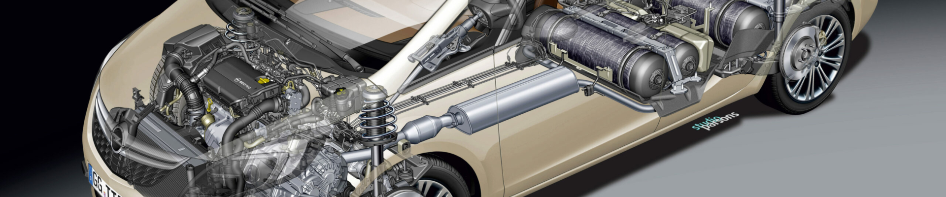 Technische Schnittgrafik eines Opel Zafira Tourer mit sichtbar gemachten Komponenten des CNG/LPG-Antriebs, inklusive Gastanks, Leitungen und Motor.