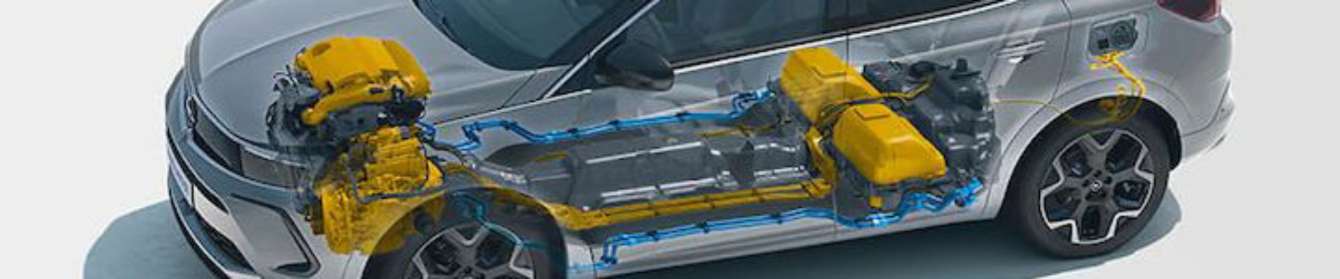 Grafische Darstellung eines Opel Grandland mit sichtbarem Hybrid-Antriebssystem, das die Position von Batterie, Elektromotoren und Antriebsstrang zeigt.